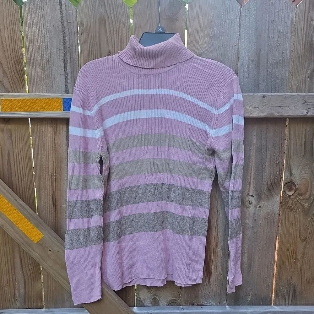 Liz Claiborne Pink and Brown Striped Turtleneck Sweater